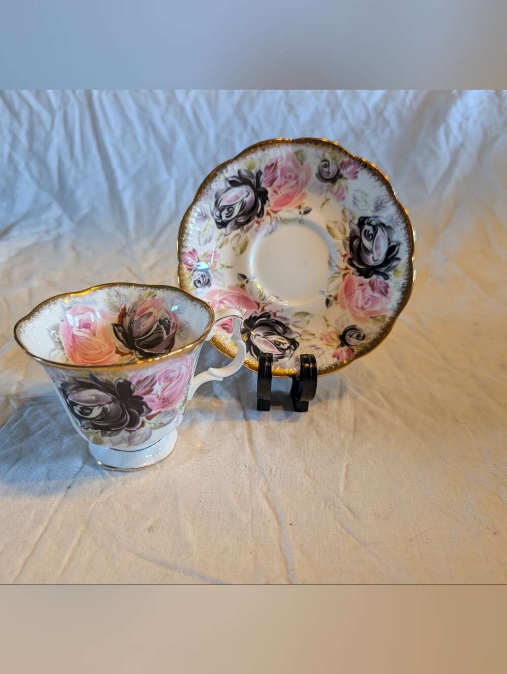 2/60$ Royal Albert Pink and Black Floral Teacup and Saucer with Gold Trim